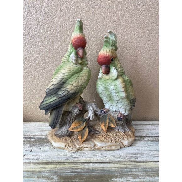 1970s Andrea by Sadek Green Cockatoos – Hand Painted Porcelain Pair - No Box - Picture 2 of 15